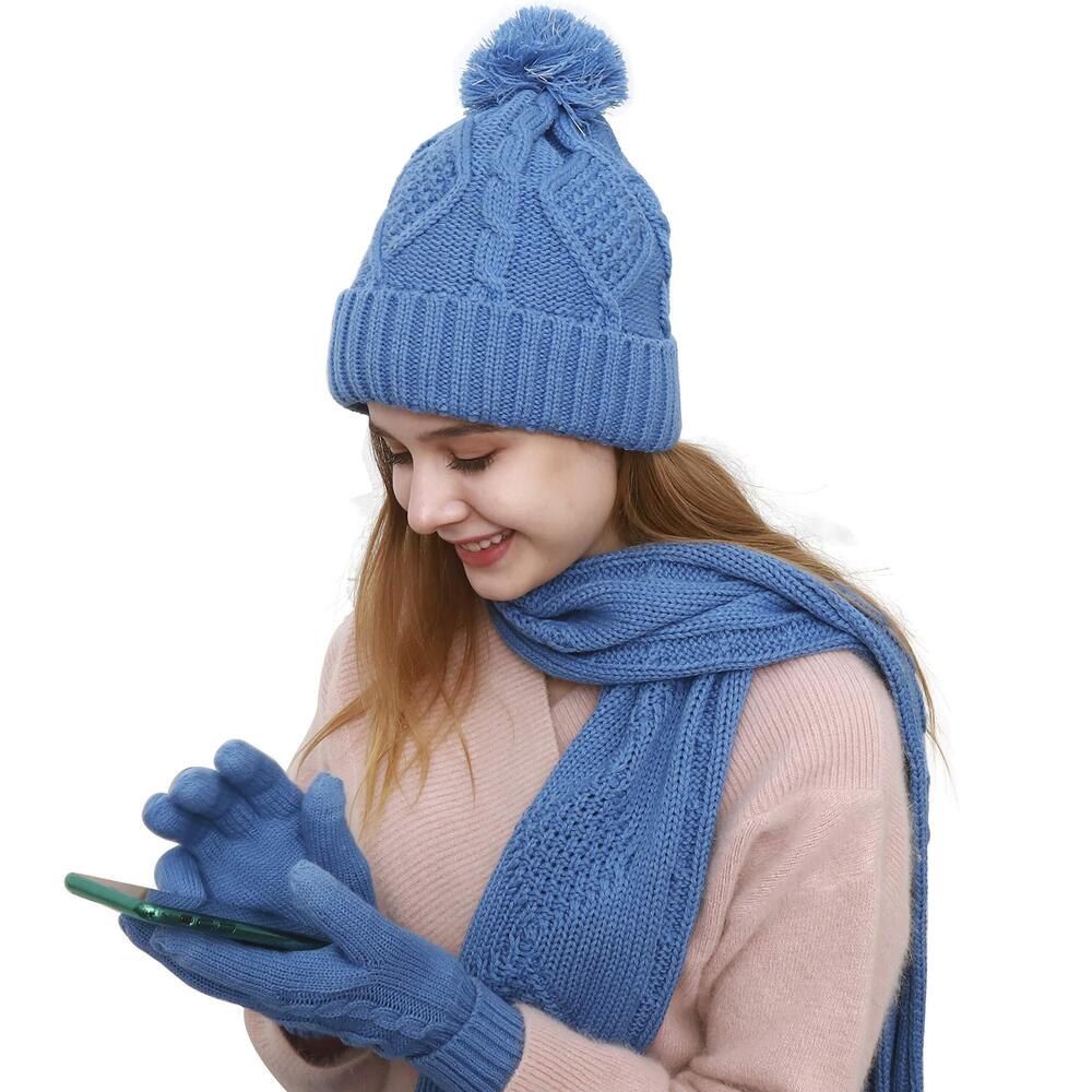 2663 Winter Hat Gloves Scarf Set , Cable Knit Beanie Pom Cap Touch Screen